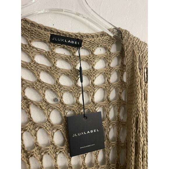 J Lux Label Cardigan Sweater L Khaki Taupe Crochet Knit Belt Long Duster Cover - Picture 5 of 8